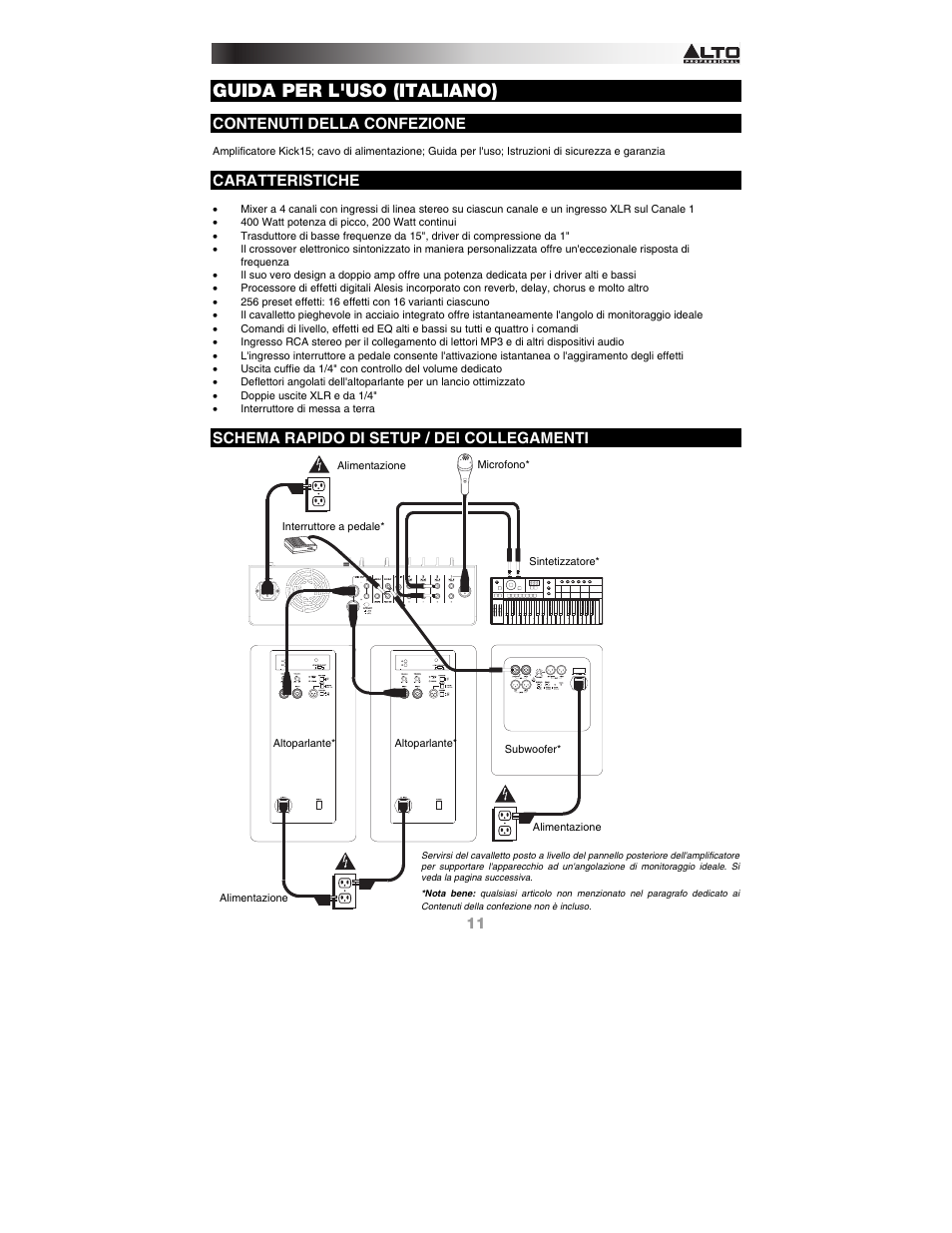 Italiano, Contenuti della confezione, Caratteristiche | Schema rapido di setup / dei collegamenti, Guida per l'uso (italiano) | Alto Professional KICK15 User Manual | Page 11 / 20