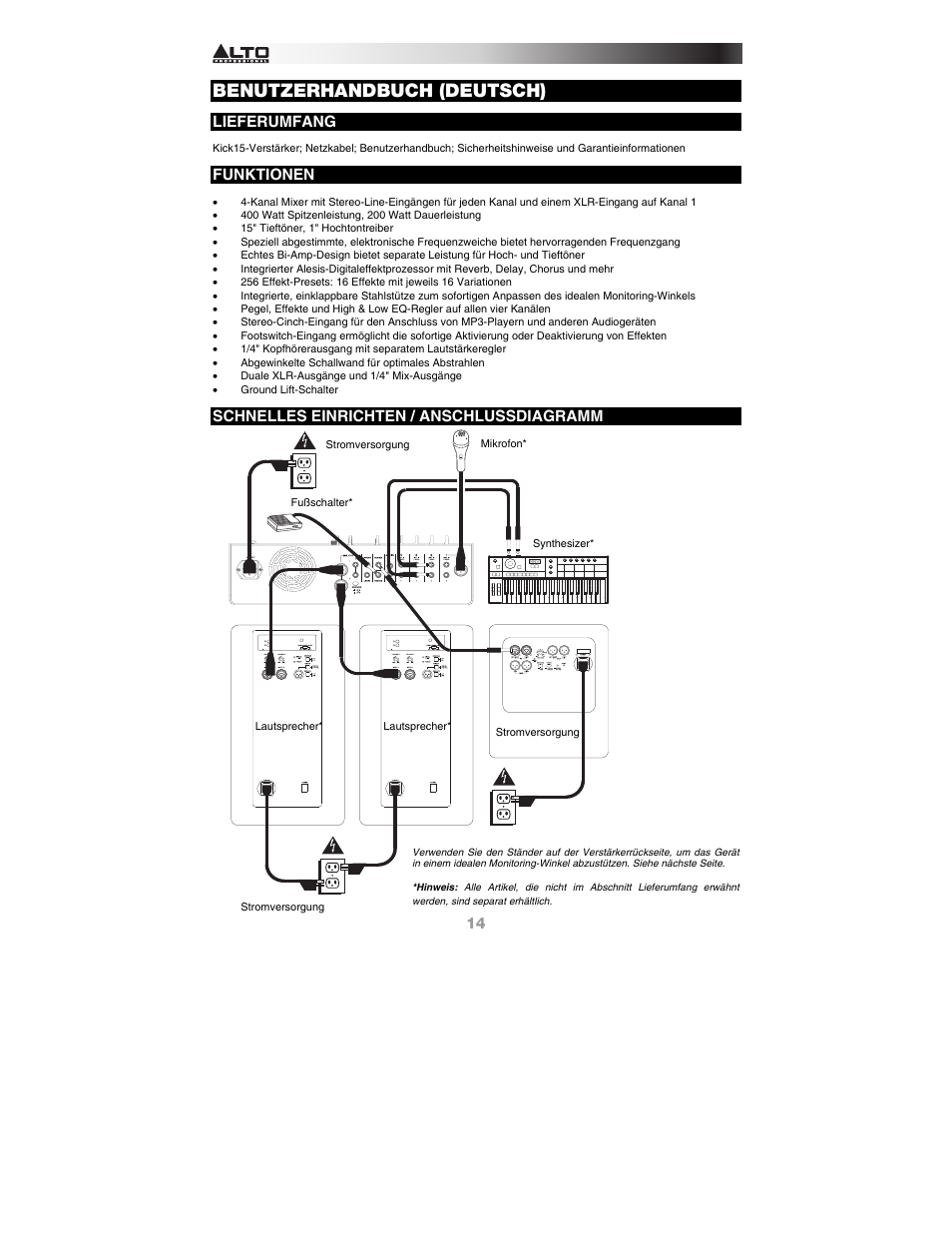 Deutsch, Lieferumfang, Funktionen | Schnelles einrichten / anschlussdiagramm, Benutzerhandbuch (deutsch) | Alto Professional KICK15 User Manual | Page 14 / 20