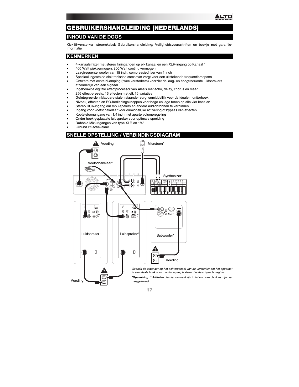 Nederlands, Inhoud van de doos, Kenmerken | Snelle opstelling / verbindingsdiagram, Gebruikershandleiding (nederlands) | Alto Professional KICK15 User Manual | Page 17 / 20