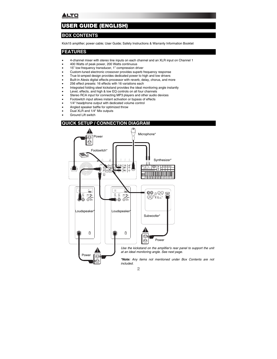 English, Box contents, Features | Quick setup / connection diagram, User guide (english) | Alto Professional KICK15 User Manual | Page 2 / 20