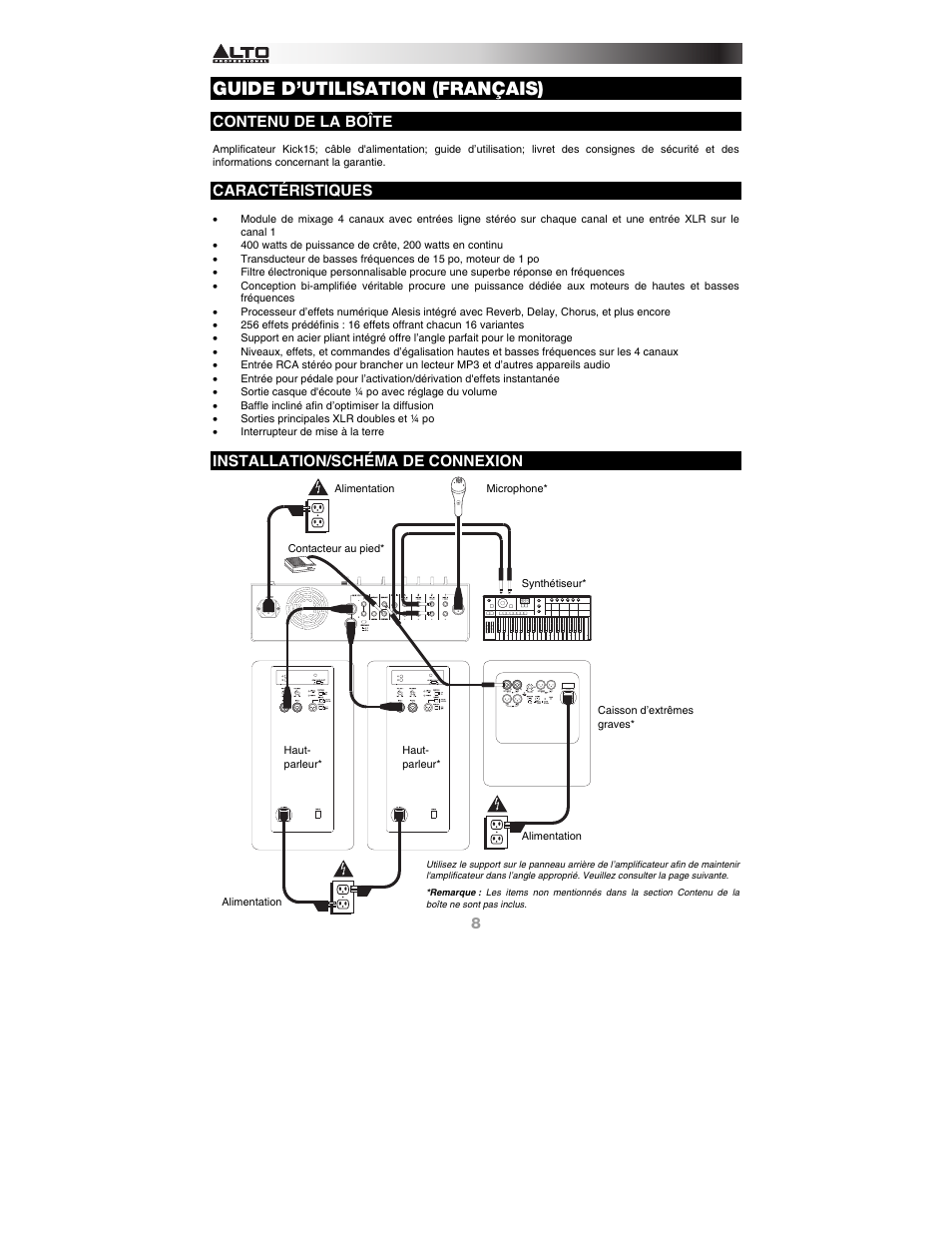 Français, Contenu de la boîte, Caractéristiques | Installation/schéma de connexion, Guide d’utilisation (français) | Alto Professional KICK15 User Manual | Page 8 / 20