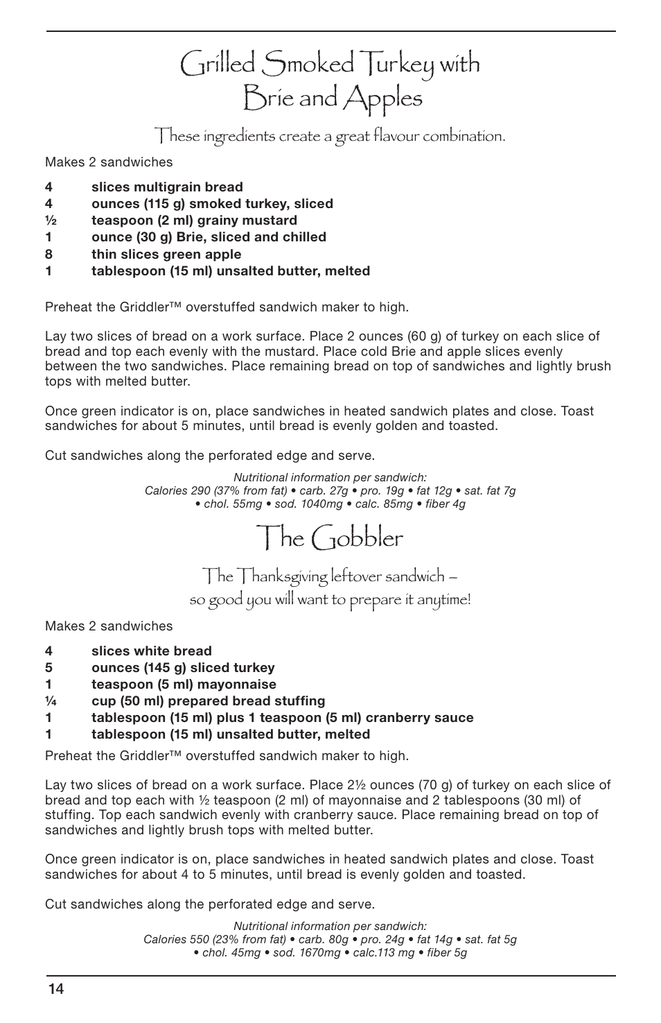 Grilled smoked turkey with brie and apples, The gobbler | Cuisinart GRIDDLER CGR-SMC User Manual | Page 14 / 20