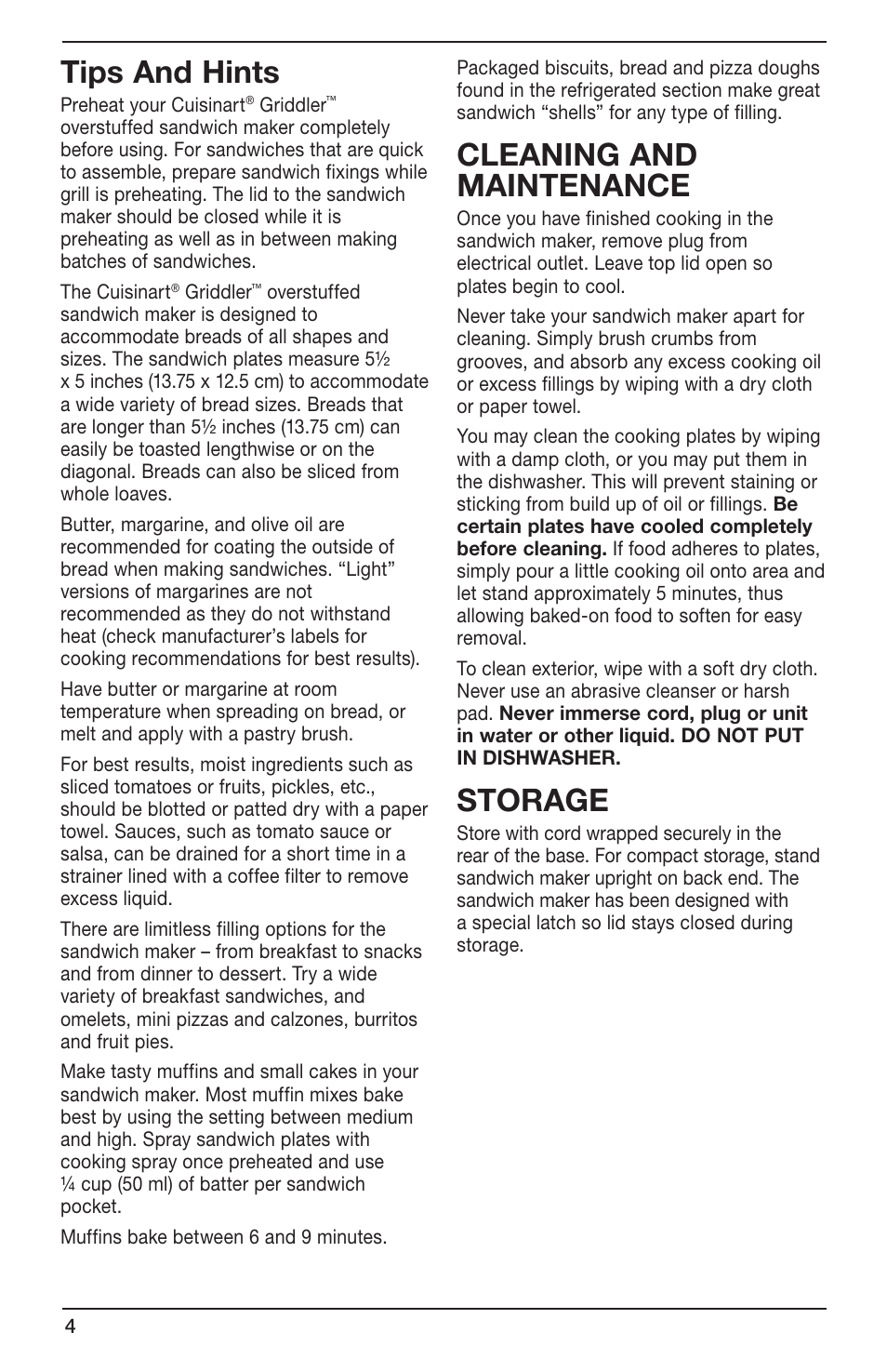 Tips and hints, Cleaning and maintenance, Storage | Cuisinart GRIDDLER CGR-SMC User Manual | Page 4 / 20
