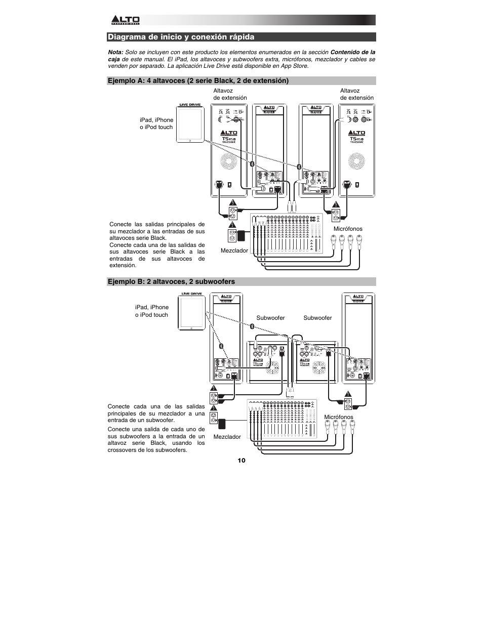 Diagrama de inicio y conexión rápida, Ejemplo b: 2 altavoces, 2 subwoofers | Alto Professional Black15 User Manual | Page 10 / 36