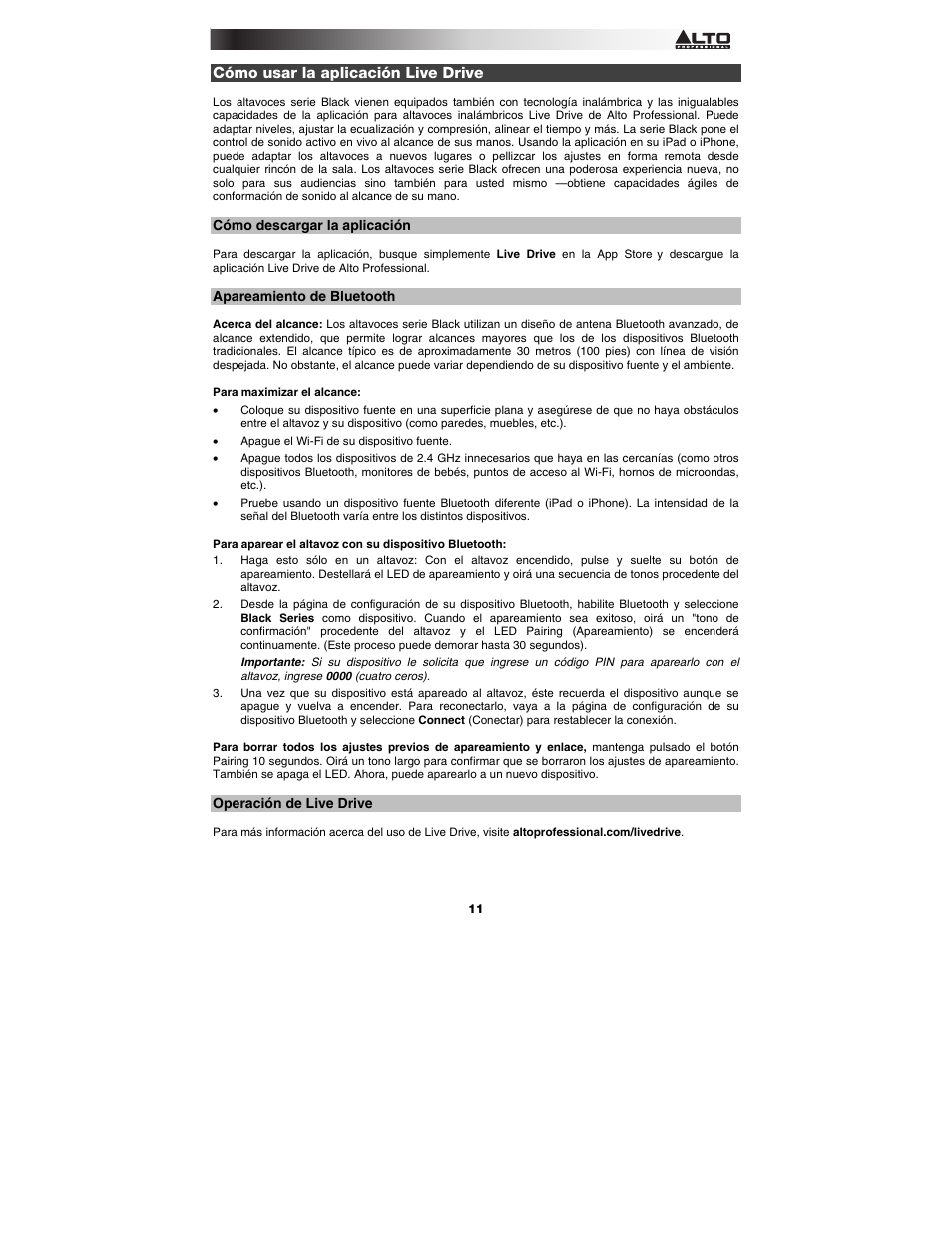 Cómo usar la aplicación live drive, Cómo descargar la aplicación, Apareamiento de bluetooth | Operación de live drive | Alto Professional Black15 User Manual | Page 11 / 36