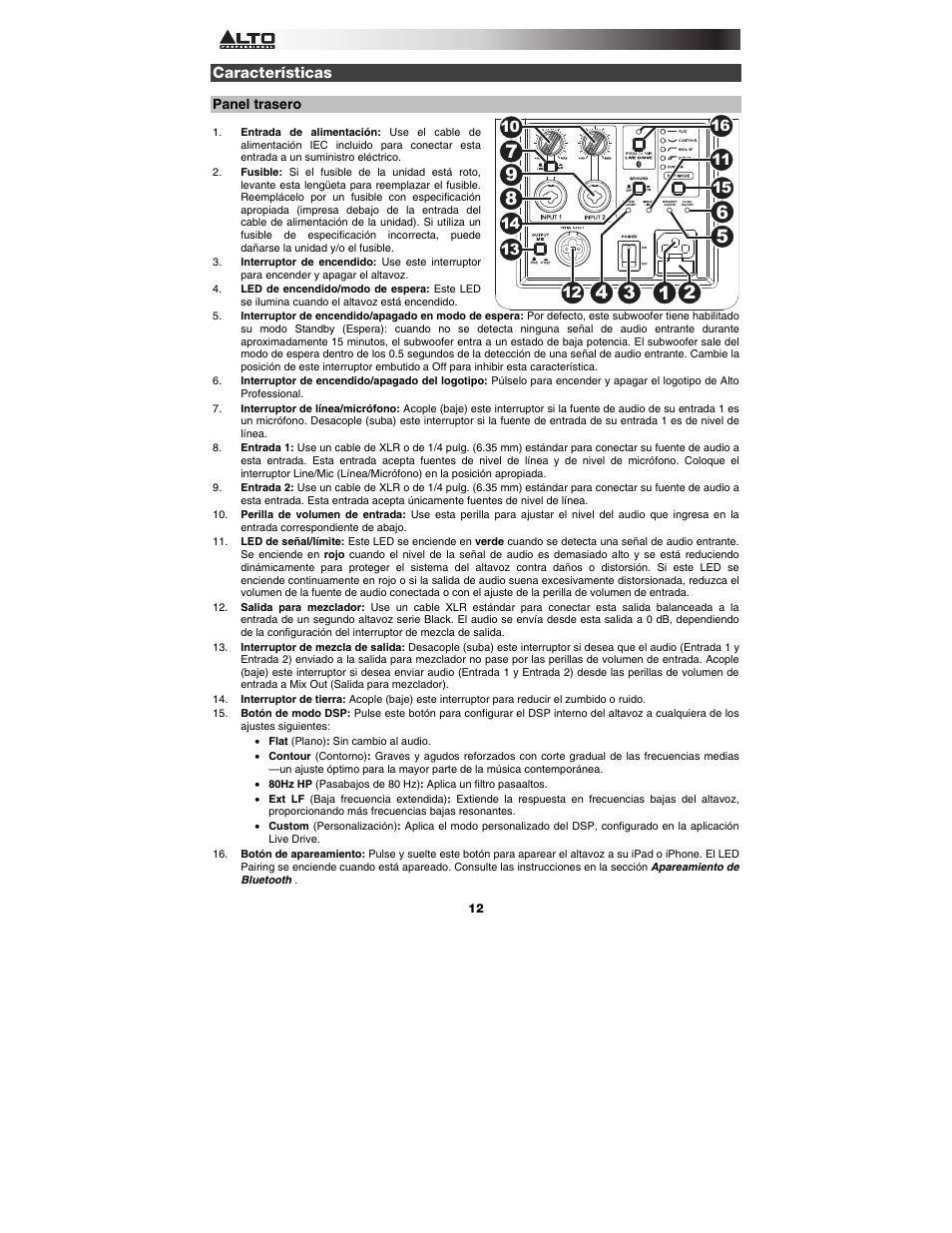 Características, Panel trasero | Alto Professional Black15 User Manual | Page 12 / 36