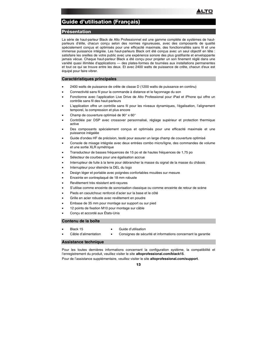 Guide d’utilisation (français), Présentation, Caractéristiques principales | Contenu de la boîte, Assistance technique | Alto Professional Black15 User Manual | Page 13 / 36