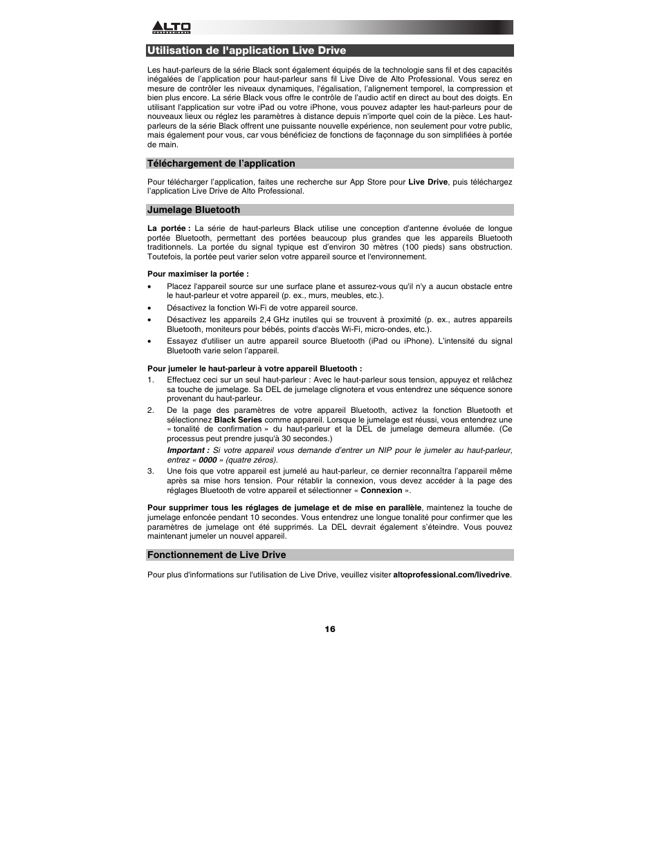 Utilisation de l'application live drive, Téléchargement de l’application, Jumelage bluetooth | Fonctionnement de live drive | Alto Professional Black15 User Manual | Page 16 / 36