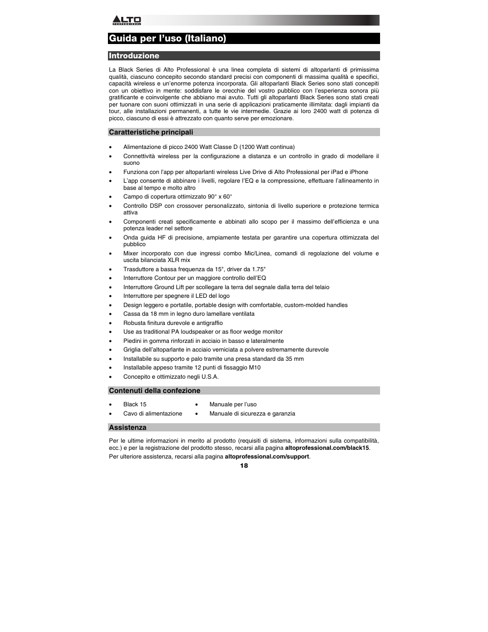 Guida per l’uso (italiano), Introduzione, Caratteristiche principali | Contenuti della confezione, Assistenza | Alto Professional Black15 User Manual | Page 18 / 36