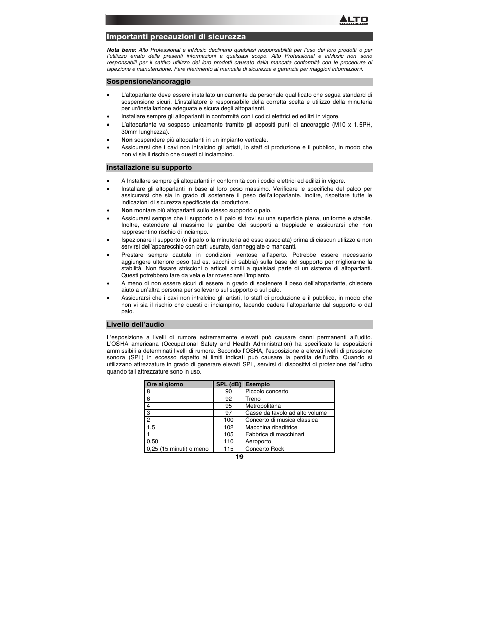 Importanti precauzioni di sicurezza, Sospensione/ancoraggio, Installazione su supporto | Livello dell’audio | Alto Professional Black15 User Manual | Page 19 / 36