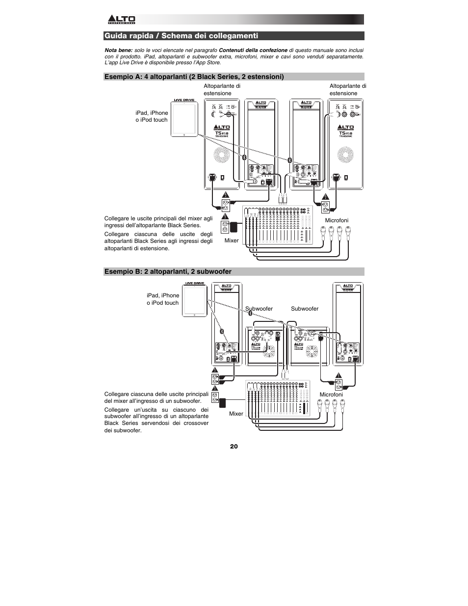 Guida rapida / schema dei collegamenti, Esempio b: 2 altoparlanti, 2 subwoofer | Alto Professional Black15 User Manual | Page 20 / 36