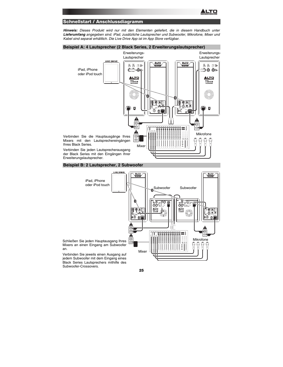 Schnellstart / anschlussdiagramm, Beispiel b: 2 lautsprecher, 2 subwoofer | Alto Professional Black15 User Manual | Page 25 / 36