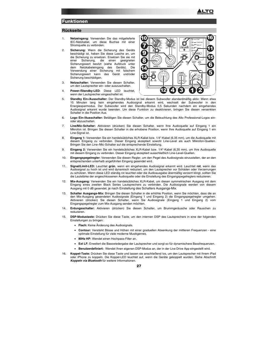 Funktionen, Rückseite | Alto Professional Black15 User Manual | Page 27 / 36