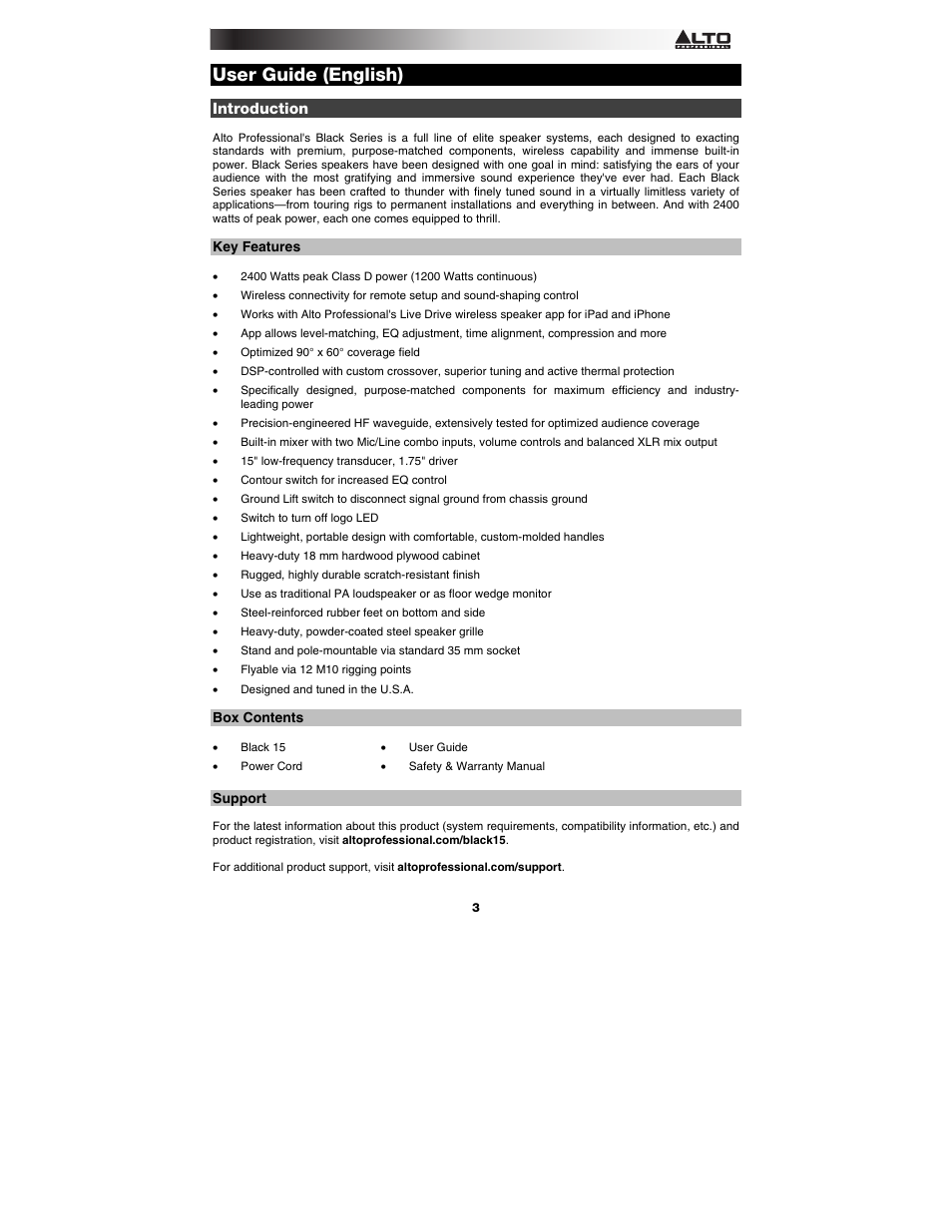 User guide (english), Introduction, Key features | Box contents, Support | Alto Professional Black15 User Manual | Page 3 / 36