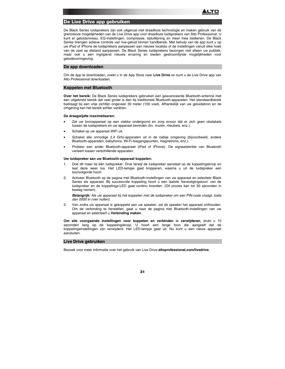 De live drive app gebruiken, De app downloaden, Koppelen met bluetooth | Live drive gebruiken | Alto Professional Black15 User Manual | Page 31 / 36