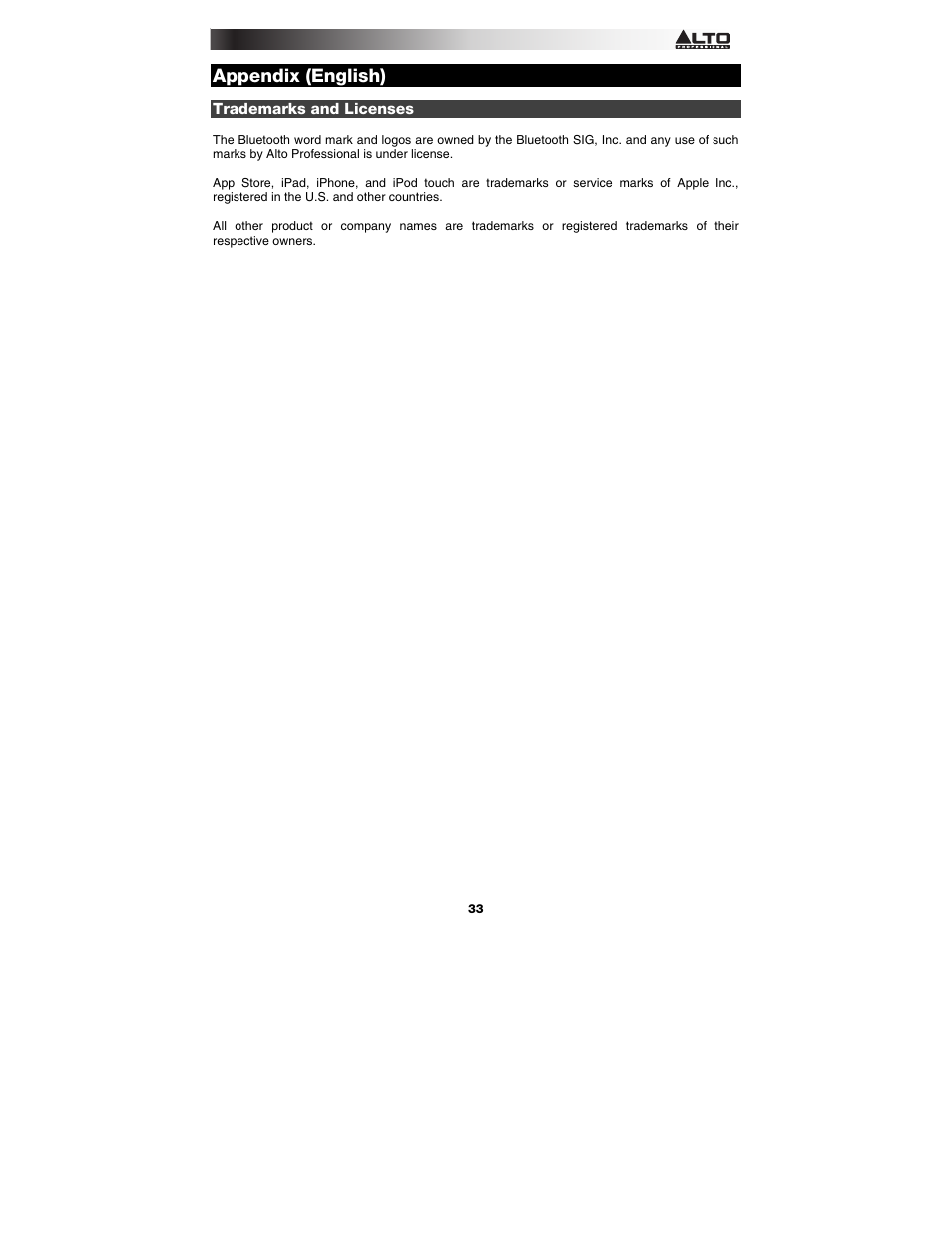 Appendix (english), Trademarks and licenses | Alto Professional Black15 User Manual | Page 33 / 36