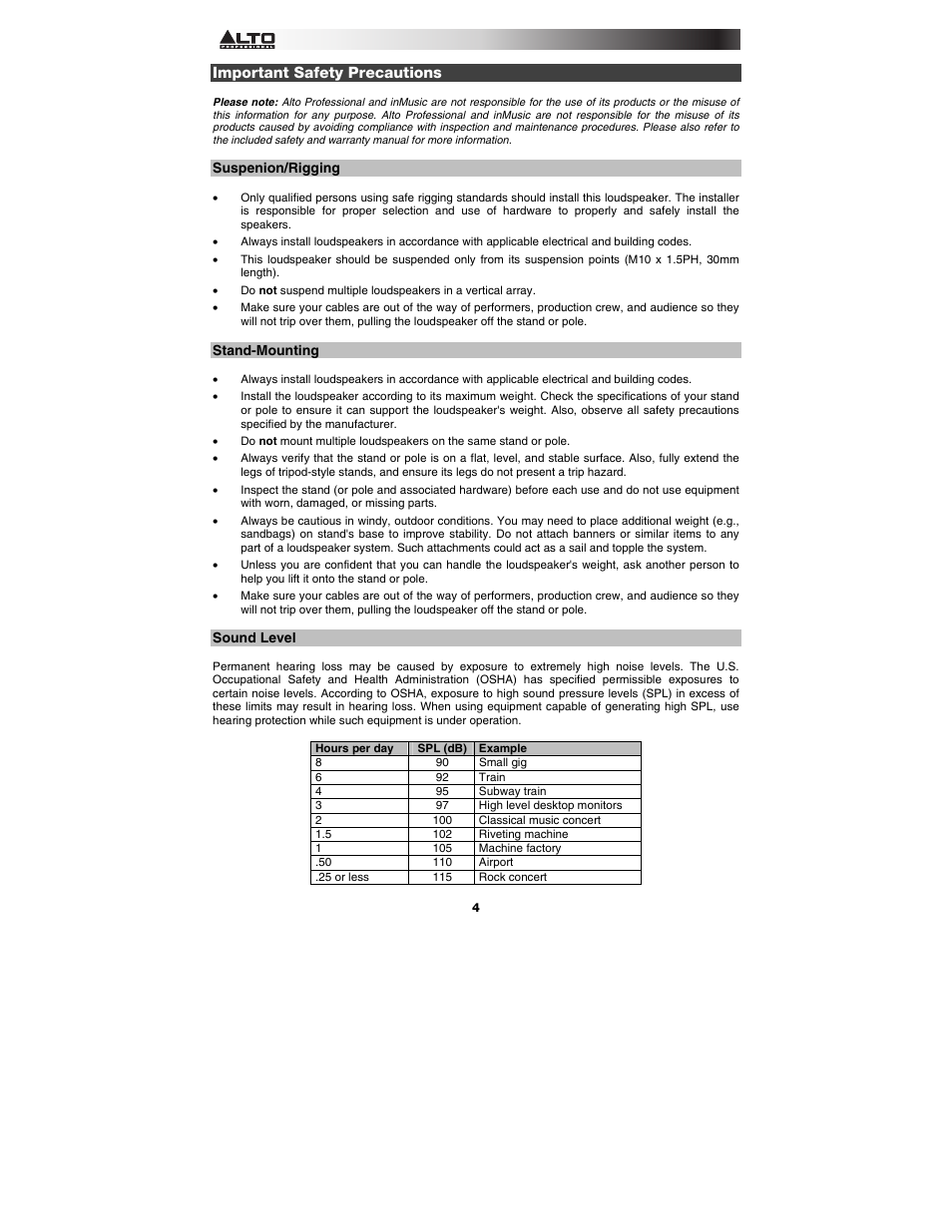 Important safety precautions, Suspenion/rigging, Stand-mounting | Sound level | Alto Professional Black15 User Manual | Page 4 / 36