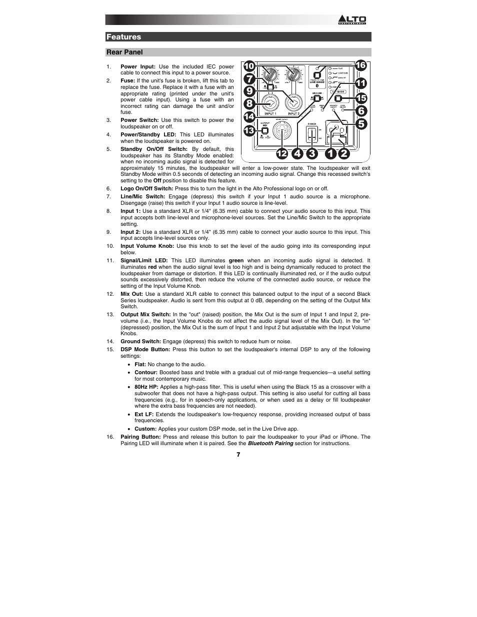 Features, Rear panel | Alto Professional Black15 User Manual | Page 7 / 36