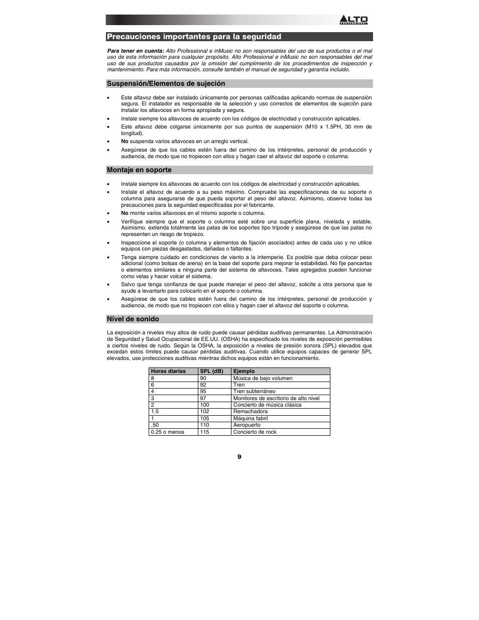 Precauciones importantes para la seguridad, Suspensión/elementos de sujeción, Montaje en soporte | Nivel de sonido | Alto Professional Black15 User Manual | Page 9 / 36