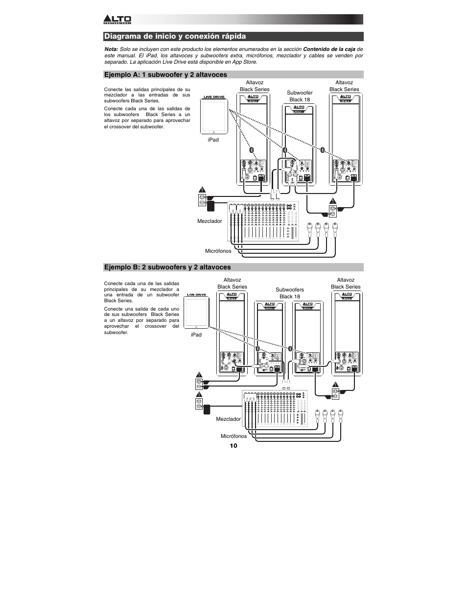 Diagrama de inicio y conexión rápida, Ejemplo a: 1 subwoofer y 2 altavoces, Ejemplo b: 2 subwoofers y 2 altavoces | Alto Professional Black 18 Sub User Manual | Page 10 / 36