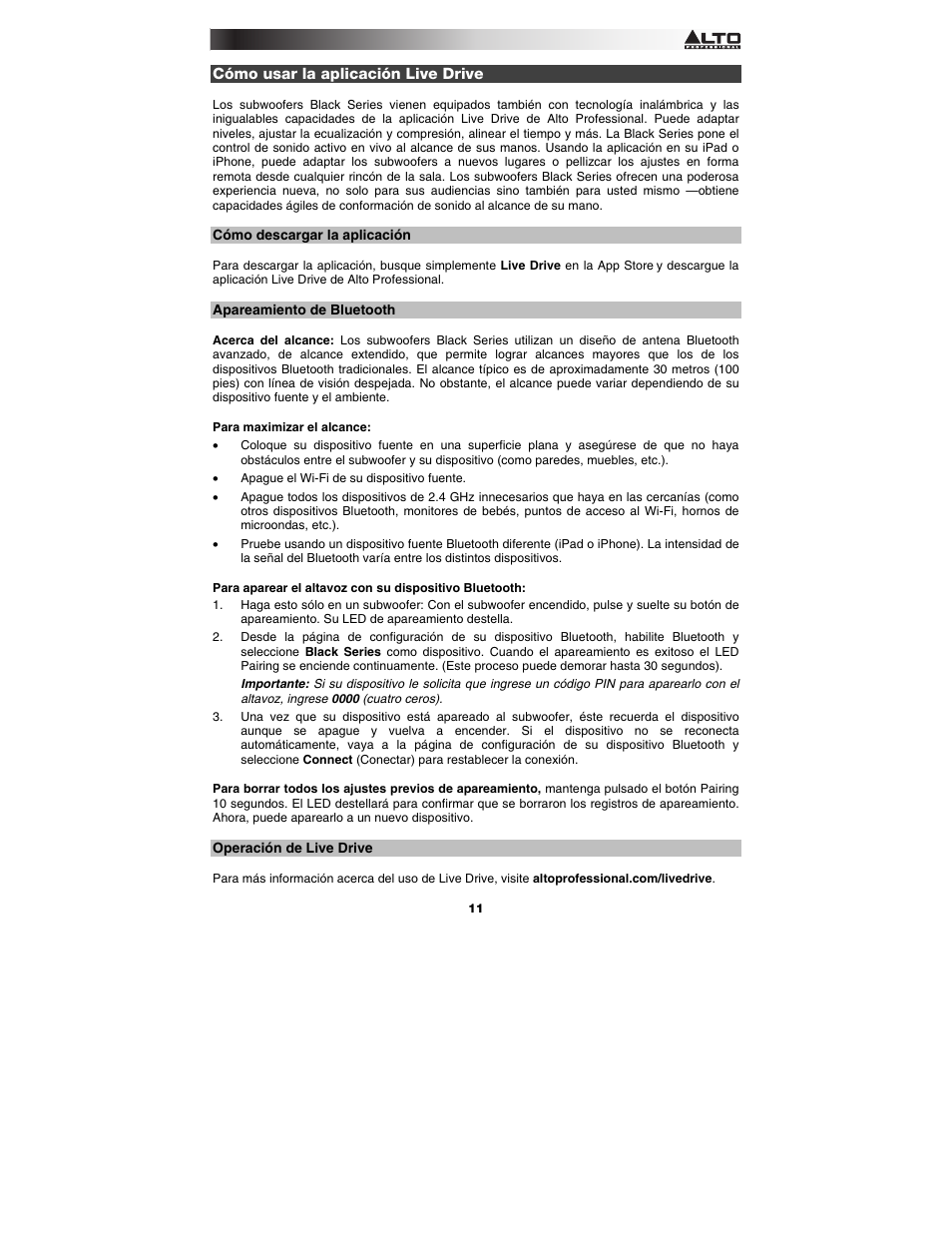 Cómo usar la aplicación live drive, Cómo descargar la aplicación, Apareamiento de bluetooth | Operación de live drive | Alto Professional Black 18 Sub User Manual | Page 11 / 36