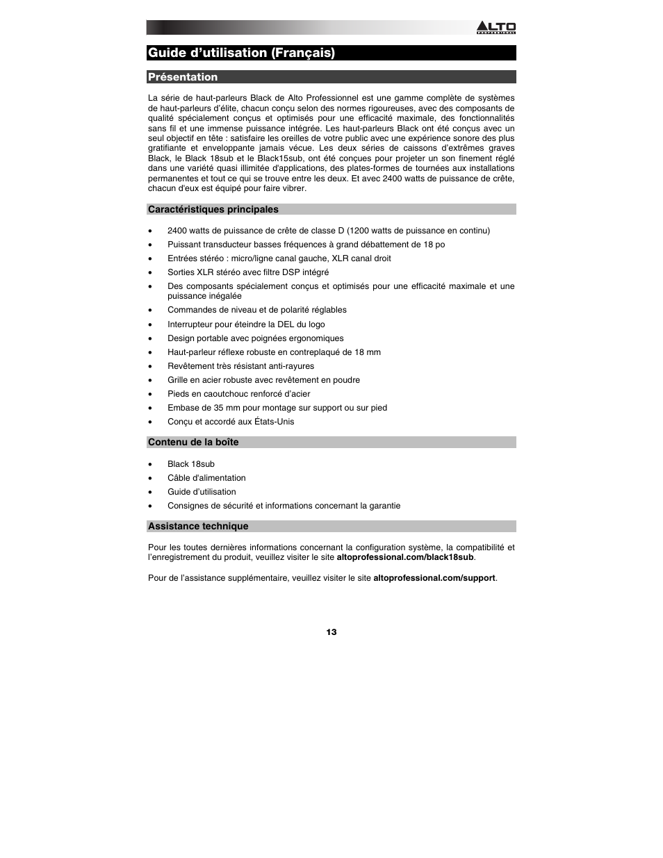 Guide d’utilisation (français), Présentation, Caractéristiques principales | Contenu de la boîte, Assistance technique, Guide d'utilisation, Fran, Çais ( 13 – 17 ) | Alto Professional Black 18 Sub User Manual | Page 13 / 36