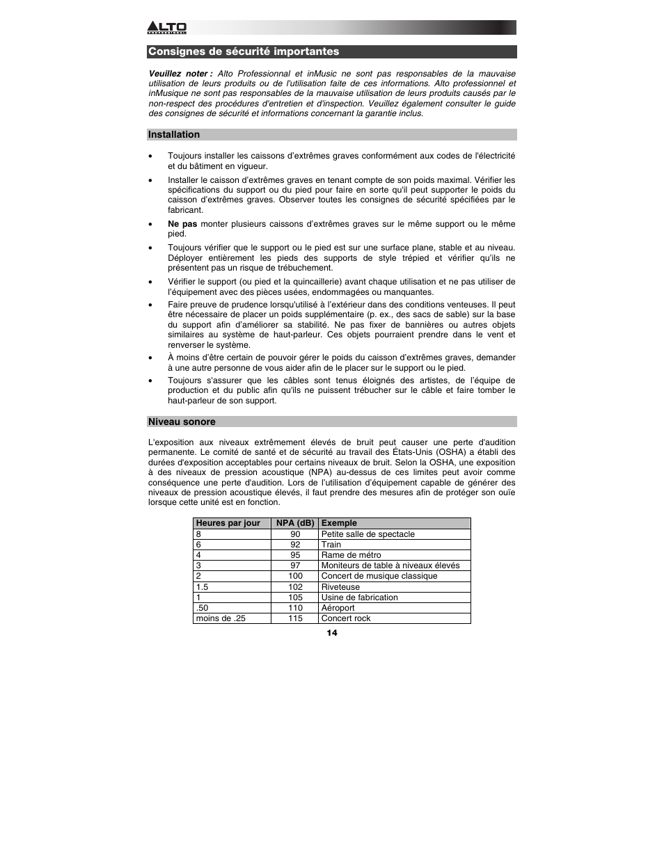 Consignes de sécurité importantes, Installation, Niveau sonore | Alto Professional Black 18 Sub User Manual | Page 14 / 36