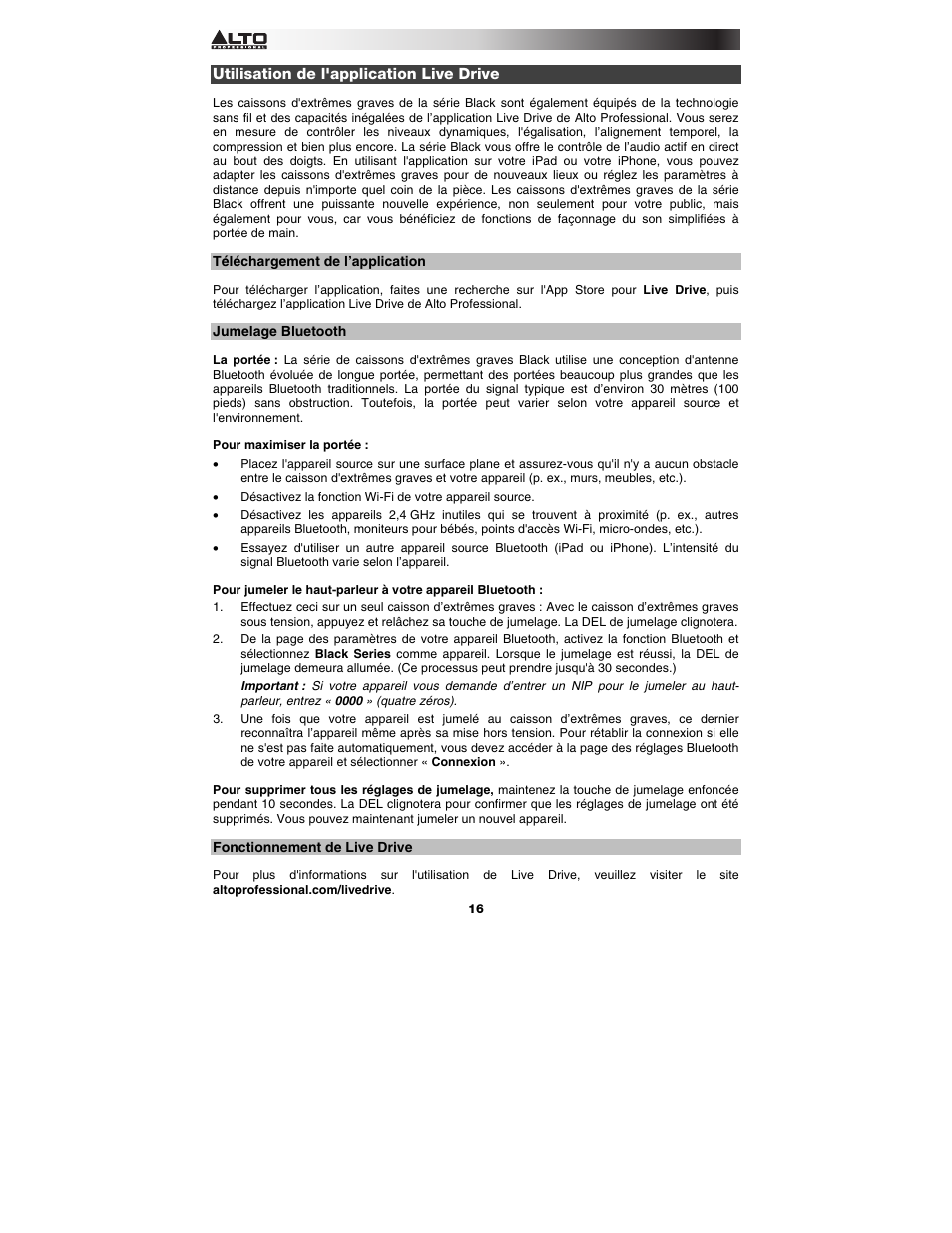 Utilisation de l'application live drive, Téléchargement de l’application, Jumelage bluetooth | Fonctionnement de live drive | Alto Professional Black 18 Sub User Manual | Page 16 / 36