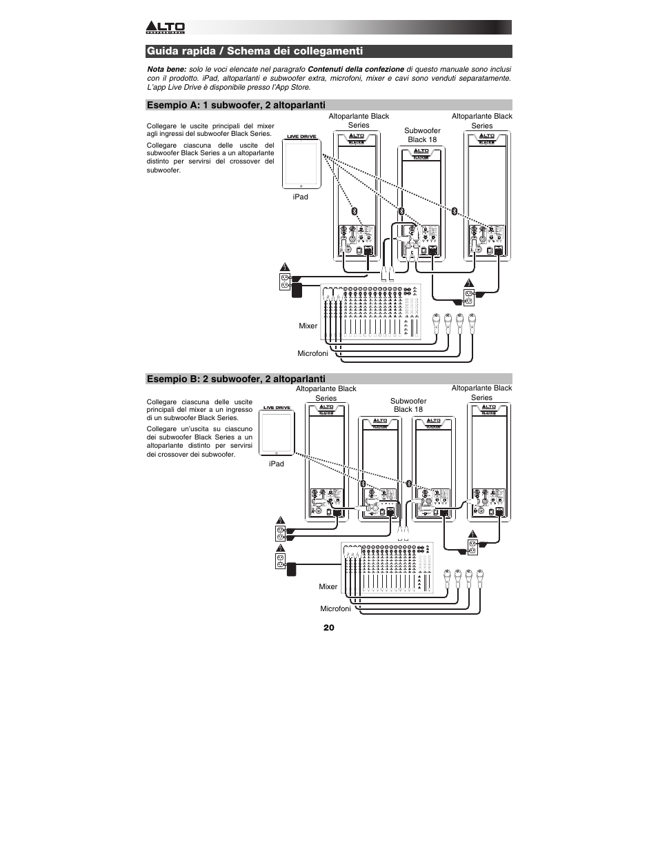 Guida rapida / schema dei collegamenti, Esempio a: 1 subwoofer, 2 altoparlanti, Esempio b: 2 subwoofer, 2 altoparlanti | Alto Professional Black 18 Sub User Manual | Page 20 / 36