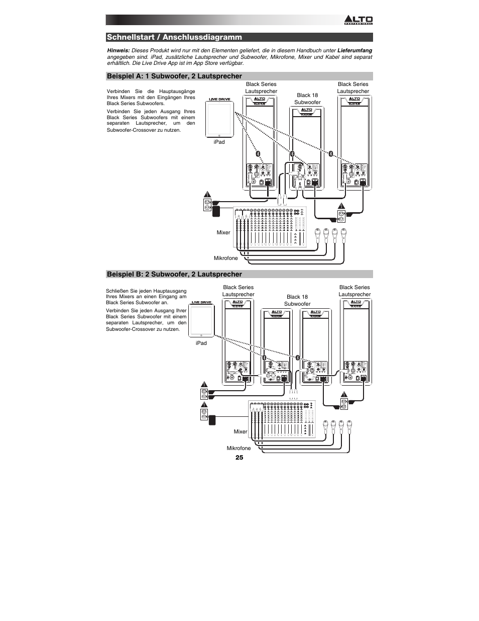 Schnellstart / anschlussdiagramm, Beispiel a: 1 subwoofer, 2 lautsprecher, Beispiel b: 2 subwoofer, 2 lautsprecher | Alto Professional Black 18 Sub User Manual | Page 25 / 36