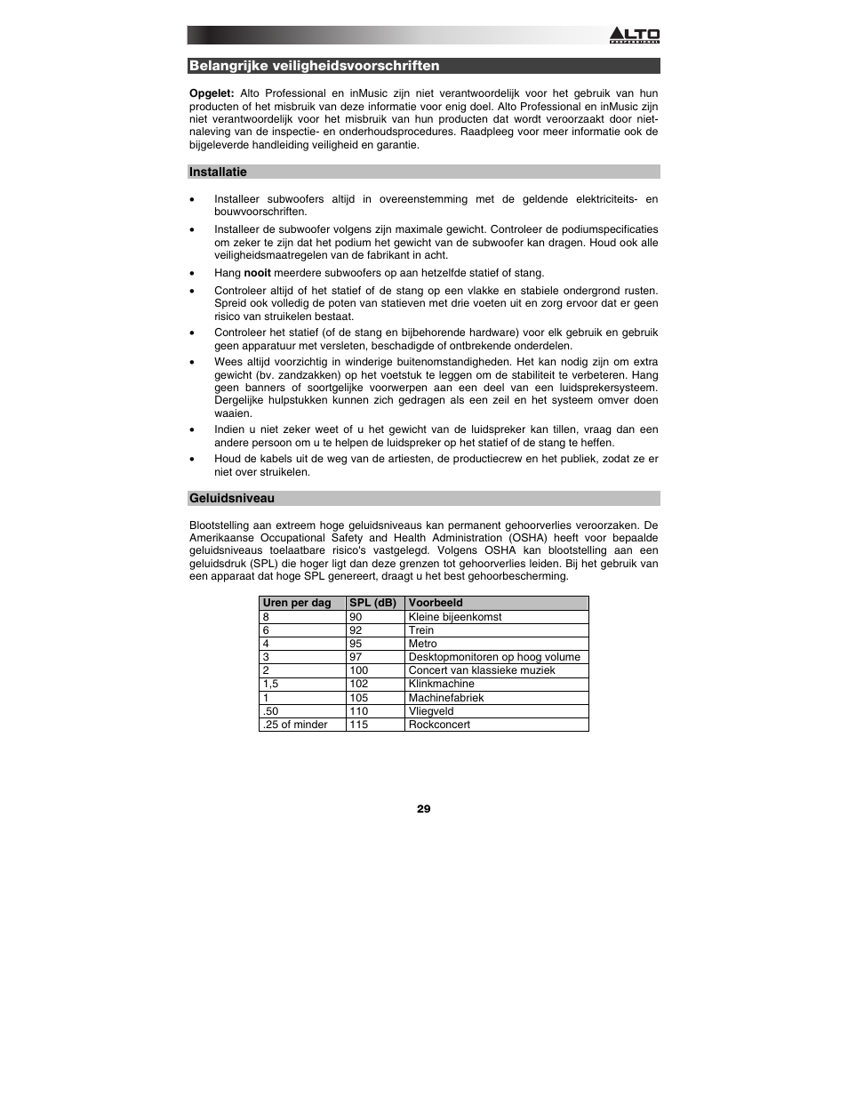 Belangrijke veiligheidsvoorschriften, Installatie, Geluidsniveau | Alto Professional Black 18 Sub User Manual | Page 29 / 36