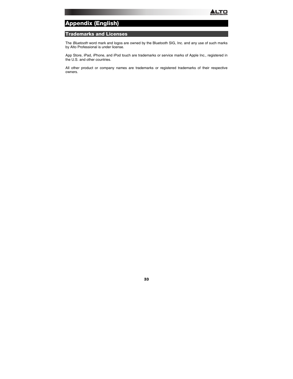 Appendix (english), Trademarks and licenses, Appendix | English ( 33 ) | Alto Professional Black 18 Sub User Manual | Page 33 / 36