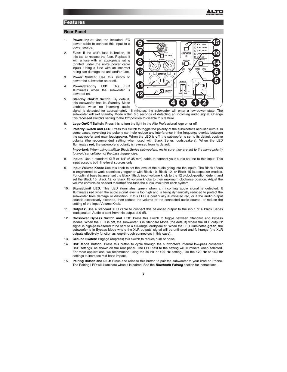 Features, Rear panel | Alto Professional Black 18 Sub User Manual | Page 7 / 36