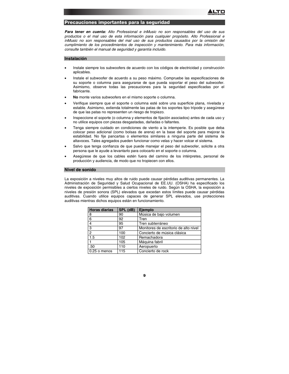 Precauciones importantes para la seguridad, Instalación, Nivel de sonido | Alto Professional Black 18 Sub User Manual | Page 9 / 36