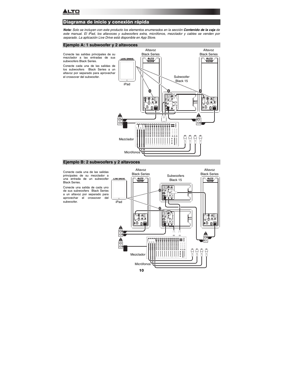 Diagrama de inicio y conexión rápida, Ejemplo a: 1 subwoofer y 2 altavoces, Ejemplo b: 2 subwoofers y 2 altavoces | Alto Professional Black 15 Sub User Manual | Page 10 / 36