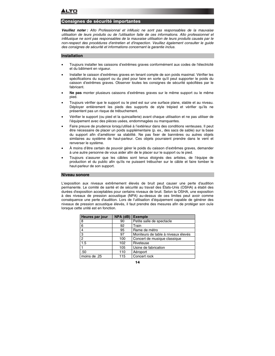 Consignes de sécurité importantes, Installation, Niveau sonore | Alto Professional Black 15 Sub User Manual | Page 14 / 36