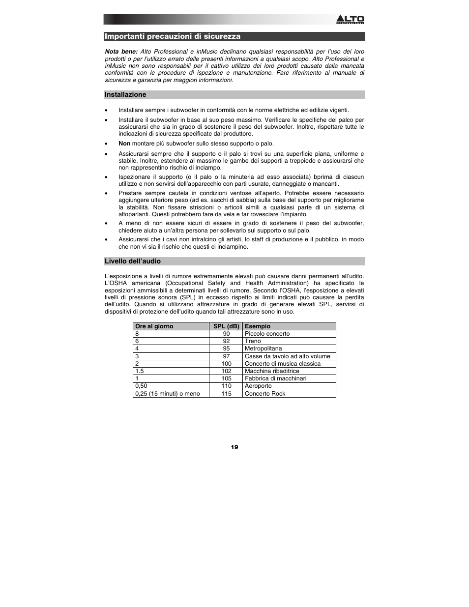 Importanti precauzioni di sicurezza, Installazione, Livello dell’audio | Alto Professional Black 15 Sub User Manual | Page 19 / 36