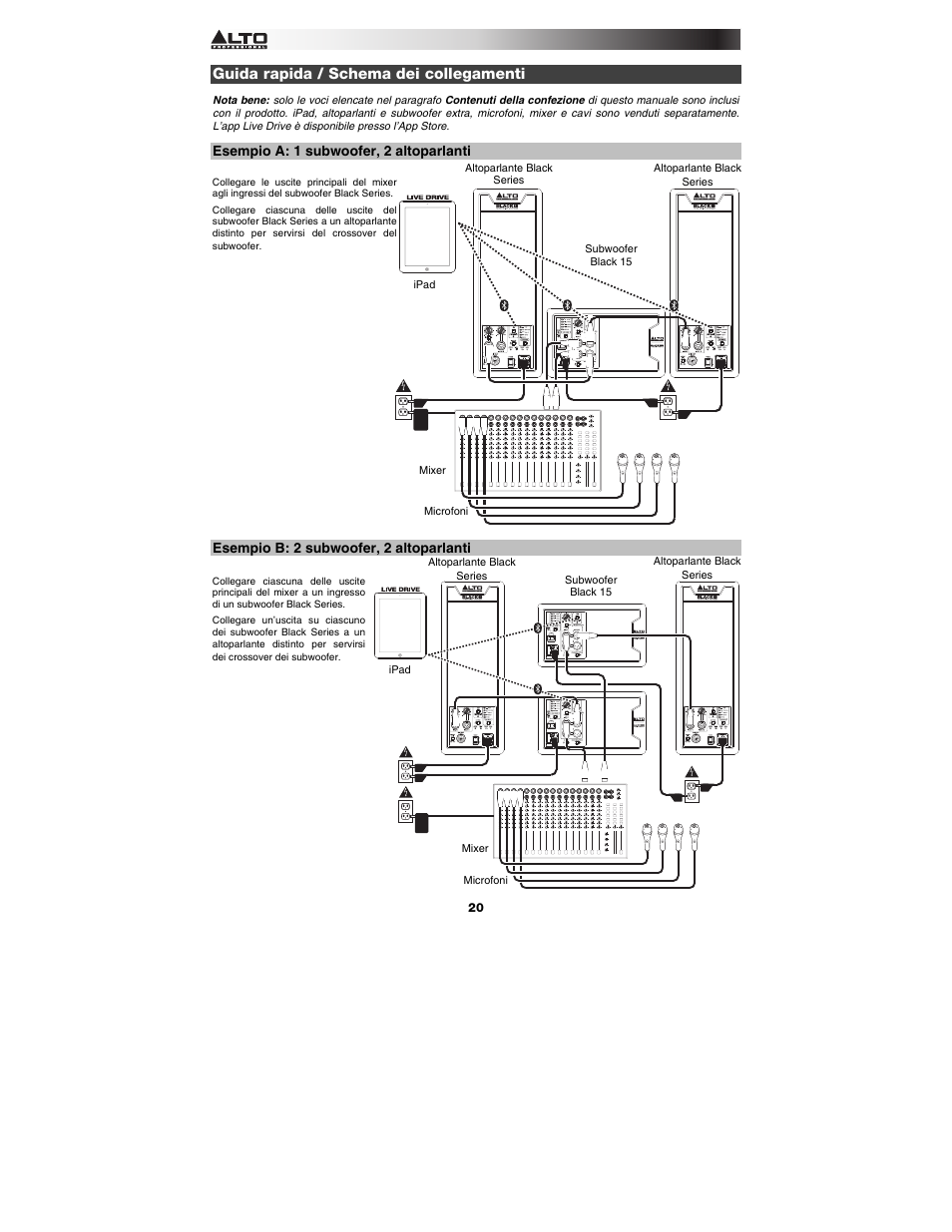 Guida rapida / schema dei collegamenti, Esempio a: 1 subwoofer, 2 altoparlanti, Esempio b: 2 subwoofer, 2 altoparlanti | Alto Professional Black 15 Sub User Manual | Page 20 / 36