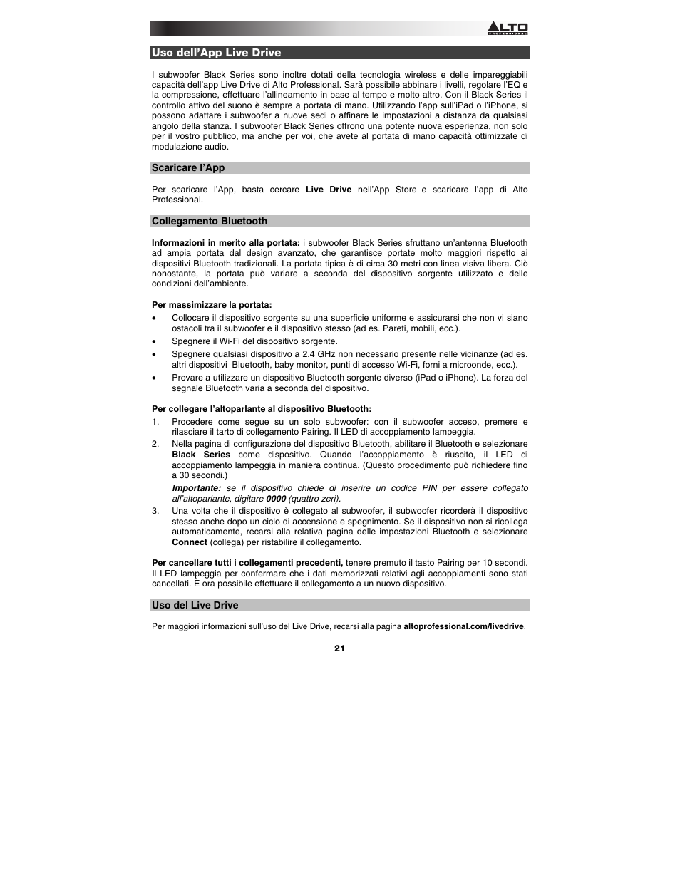 Uso dell’app live drive, Scaricare l’app, Collegamento bluetooth | Uso del live drive | Alto Professional Black 15 Sub User Manual | Page 21 / 36