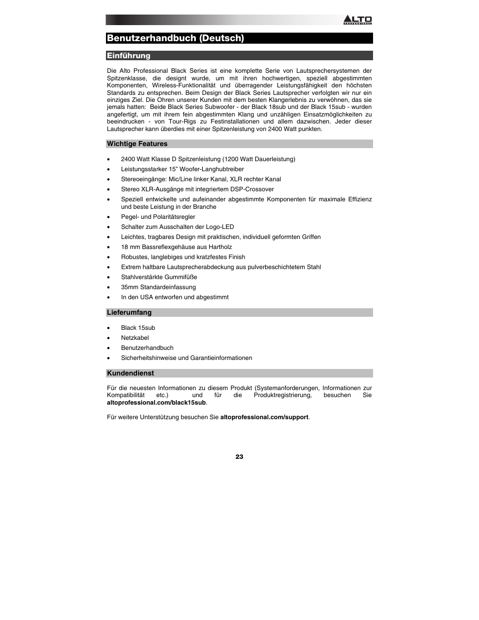 Benutzerhandbuch (deutsch), Einführung, Wichtige features | Lieferumfang, Kundendienst | Alto Professional Black 15 Sub User Manual | Page 23 / 36