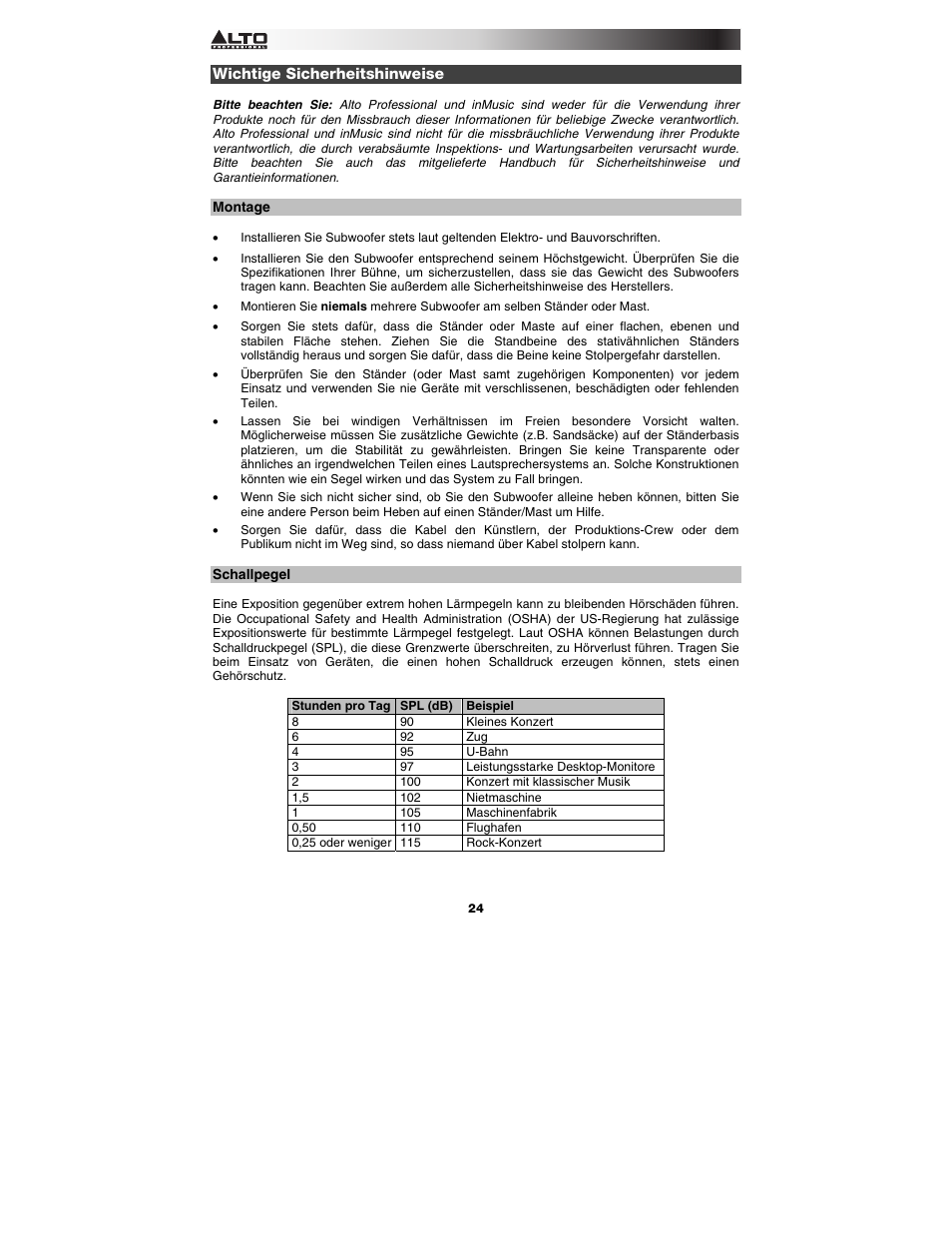 Wichtige sicherheitshinweise, Montage, Schallpegel | Alto Professional Black 15 Sub User Manual | Page 24 / 36