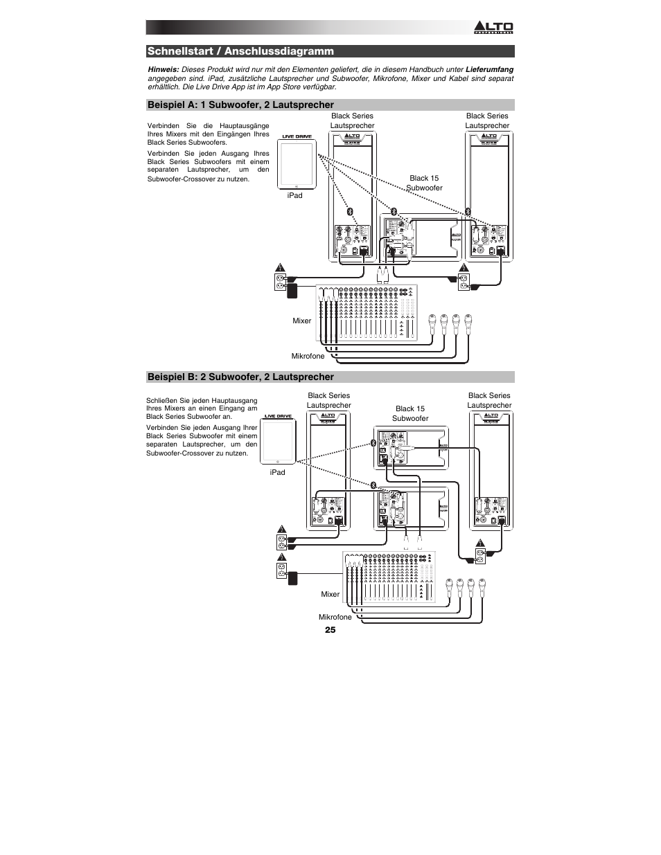 Schnellstart / anschlussdiagramm, Beispiel a: 1 subwoofer, 2 lautsprecher, Beispiel b: 2 subwoofer, 2 lautsprecher | Alto Professional Black 15 Sub User Manual | Page 25 / 36