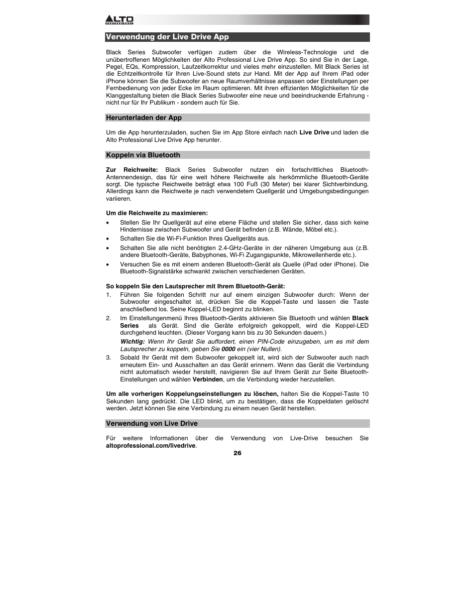 Verwendung der live drive app, Herunterladen der app, Koppeln via bluetooth | Verwendung von live drive | Alto Professional Black 15 Sub User Manual | Page 26 / 36