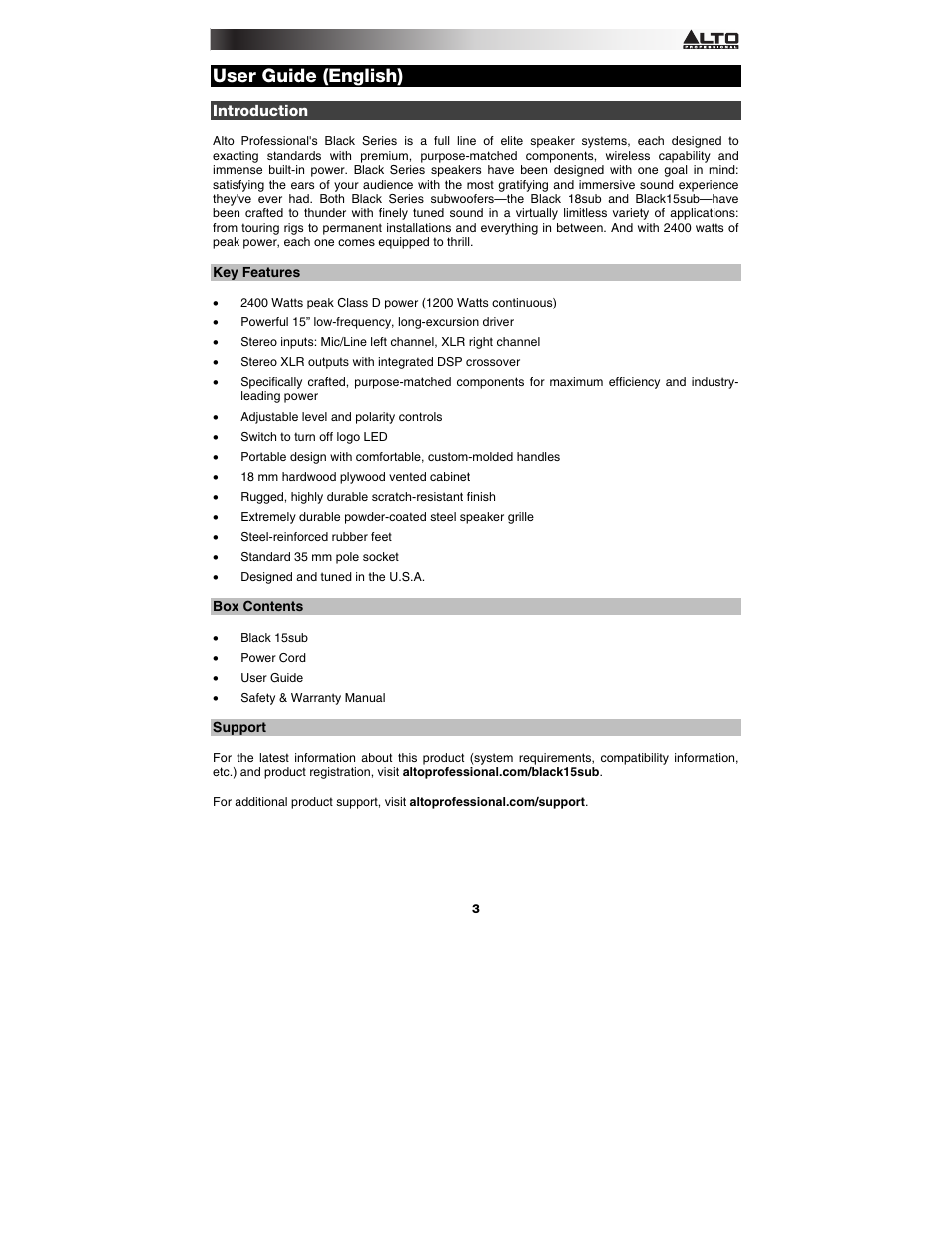 User guide (english), Introduction, Key features | Box contents, Support | Alto Professional Black 15 Sub User Manual | Page 3 / 36