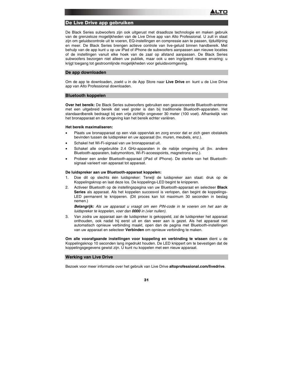 De live drive app gebruiken, De app downloaden, Bluetooth koppelen | Werking van live drive | Alto Professional Black 15 Sub User Manual | Page 31 / 36