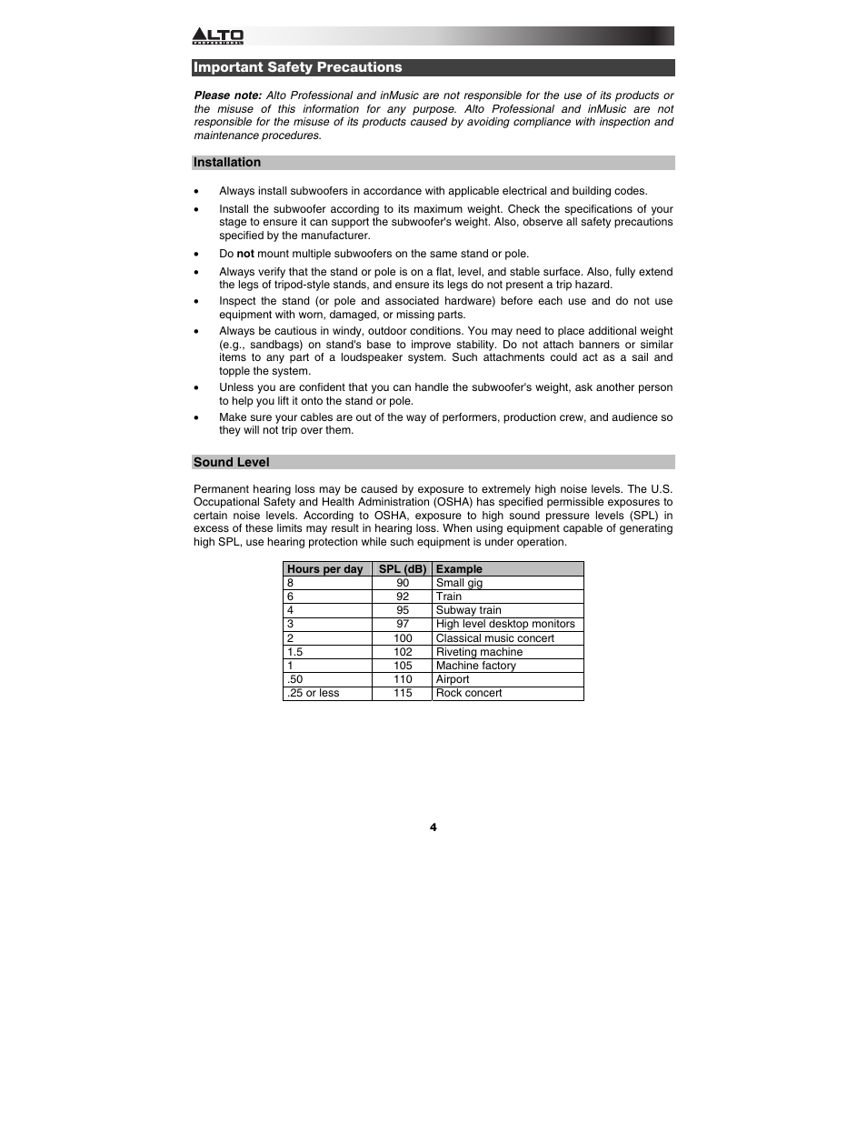 Important safety precautions, Installation, Sound level | Alto Professional Black 15 Sub User Manual | Page 4 / 36