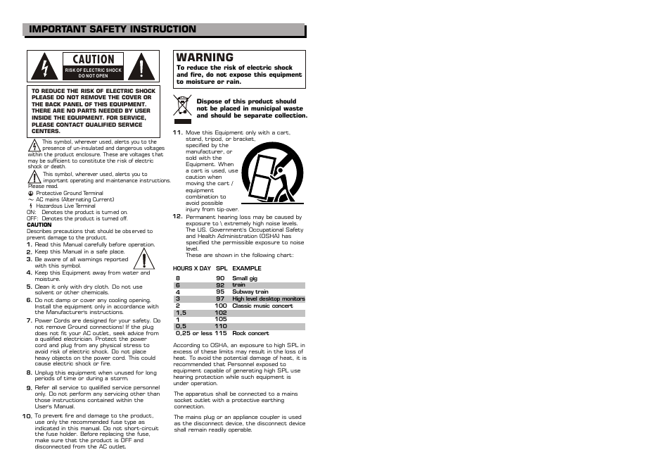 Caution, Warning, Important safety instruction | Alto Professional SR400P User Manual | Page 3 / 7