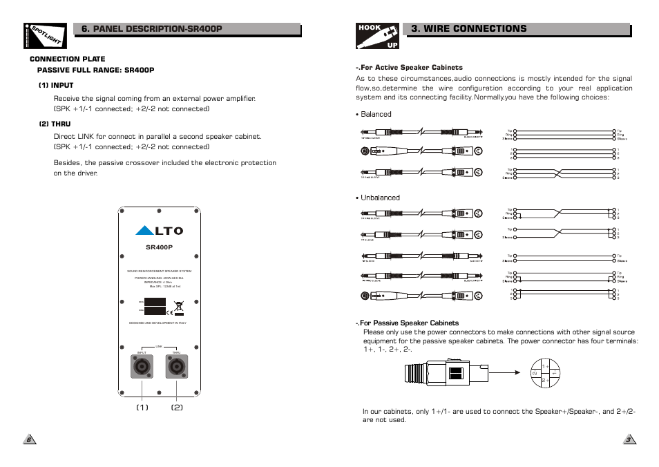 Wire connections, Panel description-sr400p | Alto Professional SR400P User Manual | Page 6 / 7