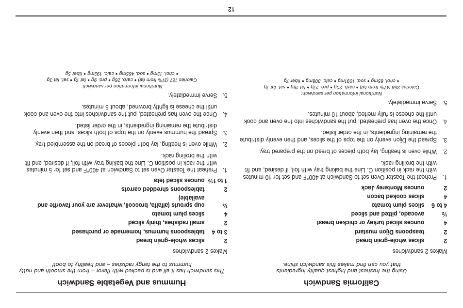 California sandwich, Hummus and v egetable sandwich | Cuisinart Compact Digital Toaster Oven Broiler TOB-100 User Manual | Page 13 / 25