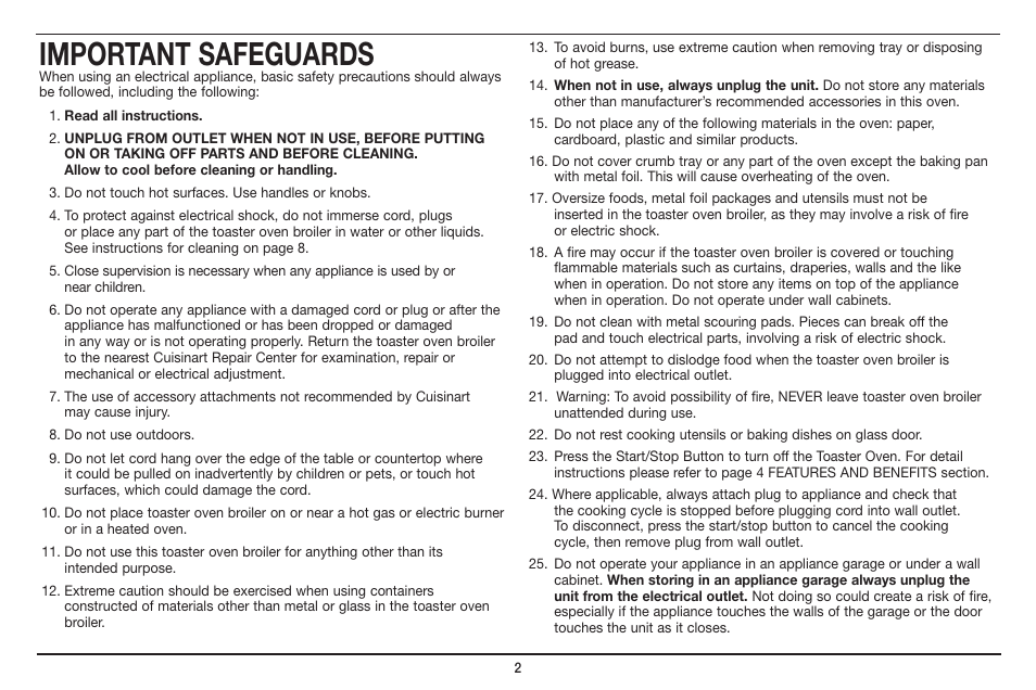 Important safeguards | Cuisinart Compact Digital Toaster Oven Broiler TOB-100 User Manual | Page 2 / 25